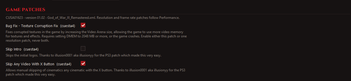 Upstream launcher Game Patches panel showing CUSA01623 version 01.02 and patch checkboxes